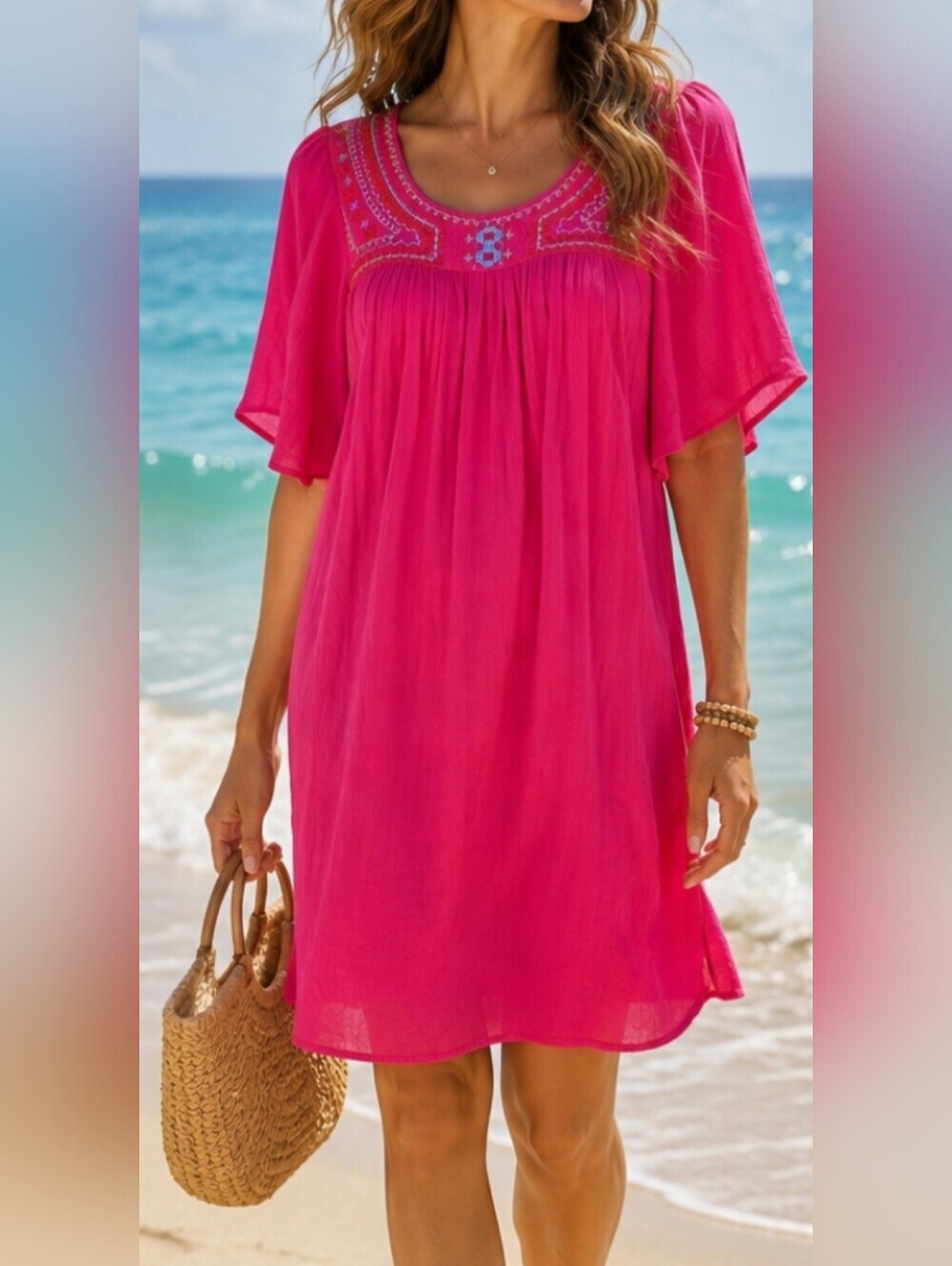 Isa & Ella Gawzy pink boho Oversized embroider flutter sleeve dress coverup S